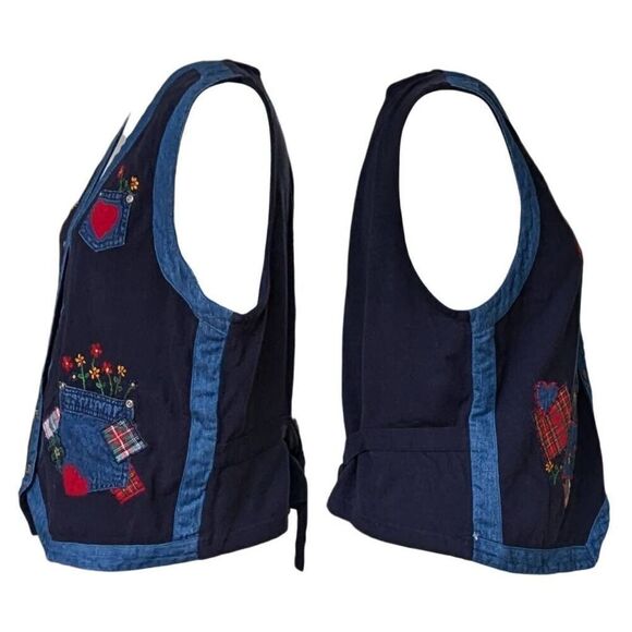 Vintage Victoria Jones Cotton Patch Button Vest Size M Blue Lined Plaid Hearts - Picture 5 of 9